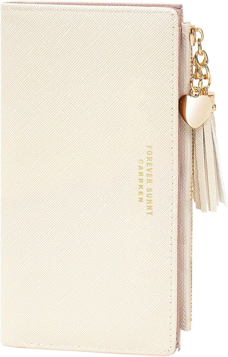 KOTORA Womens Slim Wallet Girls Thin Wallets Pretty Mini Long Card Holder Small Tiny Clutch Zip Purse Love Pendant Tassels Billfold (Beige) - Image 1